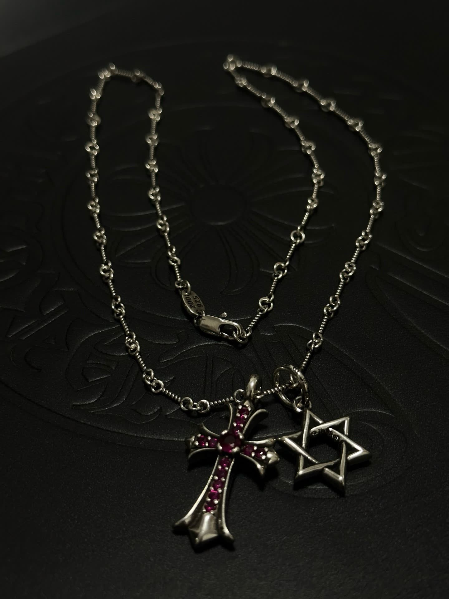 Chrome Hearts Silver Cross and Star of David Charm Necklace